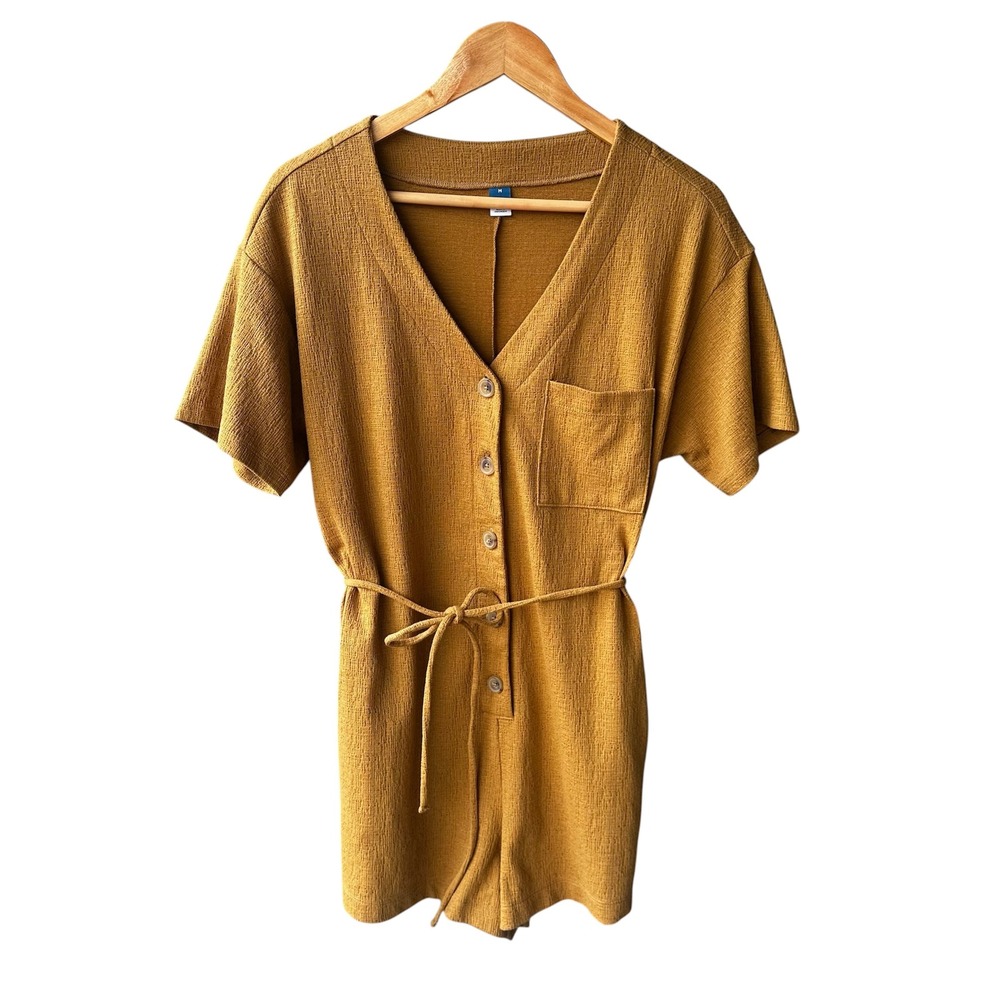 Old Navy Romper Shorts Mustard Yellow Crosshatch Button Front Tie Waist Medium